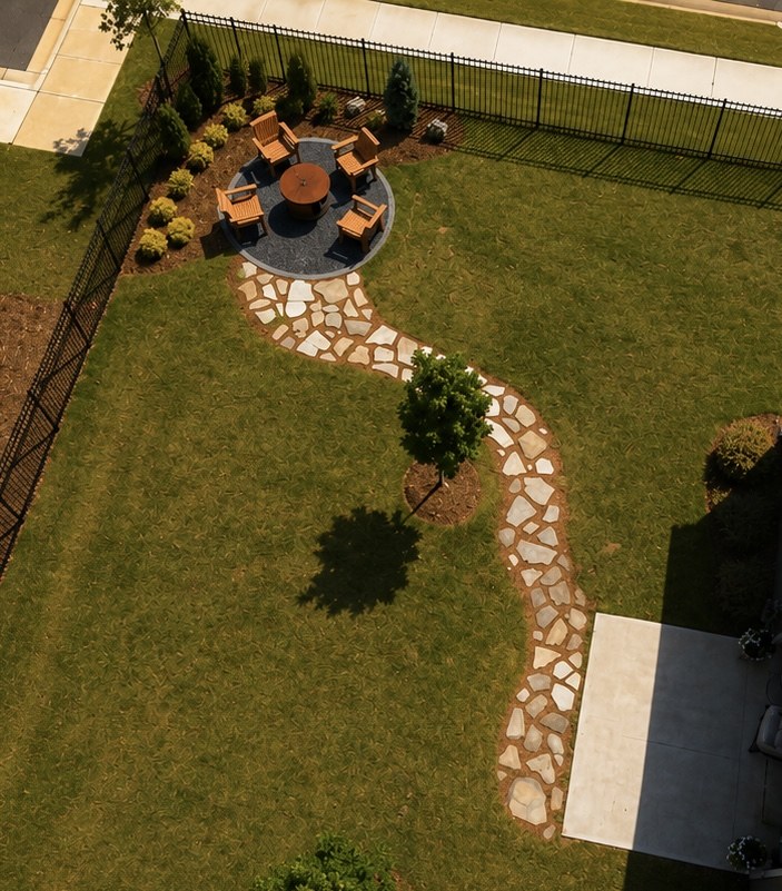 Aerial view of a fire-pit patio connected to a curved flagstone garden path